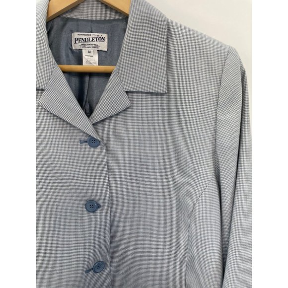 Pendleton Coat Blazer Wool Houndstooth Old Money Pockets Blue White Womens 14 - Picture 1 of 11